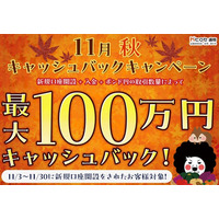 【新規口座開設限定】11月秋最大100万円キャッシュバックキャンペーン！を実施
