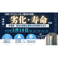 【ライブ配信セミナー】汎用リチウムイオン電池の性能・劣化・寿命評価　- 各電極・電池の詳細な電気化学的解析を含む -　3月18日（水）開催　主催：(株)シーエムシー・リサーチ