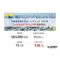 【LENDEX】年利9.5%の不動産担保付きローンファンド1857号、本日、募集開始のお知らせ